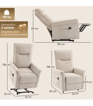 Sillón Relax Reclinable Eléctrico Levanta Personas 155° de Chenilla con Mando Asiento de Muelles Reposapiés Crema