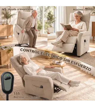 Sillón Relax Reclinable Eléctrico Levanta Personas 155° de Chenilla con Mando Asiento de Muelles Reposapiés Crema