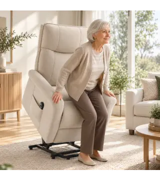 Sillón Relax Reclinable Eléctrico Levanta Personas 155° de Chenilla con Mando Asiento de Muelles Reposapiés Crema