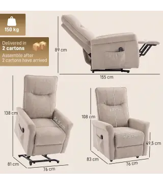 Sillón Relax Reclinable Eléctrico Levanta Personas 155° de Chenilla con Mando Asiento de Muelles Reposapiés Marrón