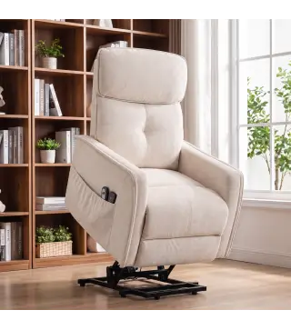 Sillón Relax Reclinable Eléctrico Levanta Personas con 2 Puntos Masaje Asiento con Muelles Reposapiés de Chenilla Crema