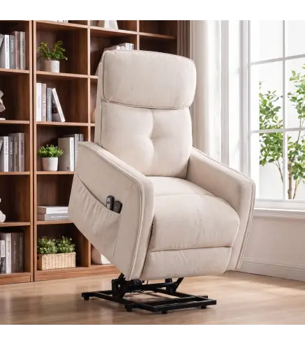 Sillón Relax Reclinable Eléctrico Levanta Personas con 2 Puntos Masaje Asiento con Muelles Reposapiés de Chenilla Crema