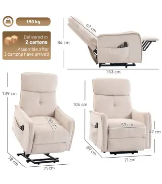 Sillón Relax Reclinable Eléctrico Levanta Personas con 2 Puntos Masaje Asiento con Muelles Reposapiés de Chenilla Crema