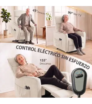 Sillón Relax Reclinable Eléctrico Levanta Personas con 2 Puntos Masaje Asiento con Muelles Reposapiés de Chenilla Crema