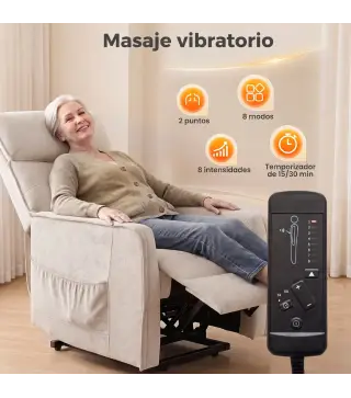 Sillón Relax Reclinable Eléctrico Levanta Personas con 2 Puntos Masaje Asiento con Muelles Reposapiés de Chenilla Crema