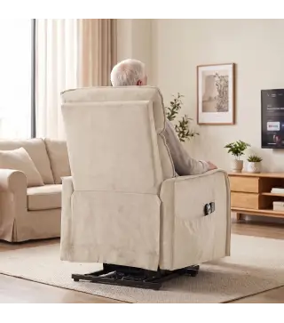 Sillón Relax Reclinable Eléctrico Levanta Personas con 2 Puntos Masaje Asiento con Muelles Reposapiés de Chenilla Crema