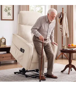 Sillón Relax Reclinable Eléctrico Levanta Personas con 2 Puntos Masaje Asiento con Muelles Reposapiés de Chenilla Crema