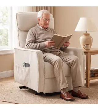 Sillón Relax Reclinable Eléctrico Levanta Personas con 2 Puntos Masaje Asiento con Muelles Reposapiés de Chenilla Crema