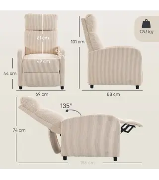 Sillón Relax Reclinable de Pana hasta 135° Reposapiés Respaldo Alto Acolchado Grueso Montaje Fácil para Salón Beige