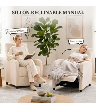 Sillón Relax Reclinable de Pana hasta 135° Reposapiés Respaldo Alto Acolchado Grueso Montaje Fácil para Salón Beige