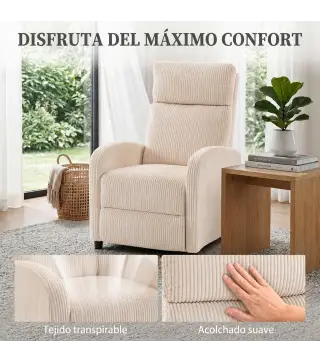 Sillón Relax Reclinable de Pana hasta 135° Reposapiés Respaldo Alto Acolchado Grueso Montaje Fácil para Salón Beige