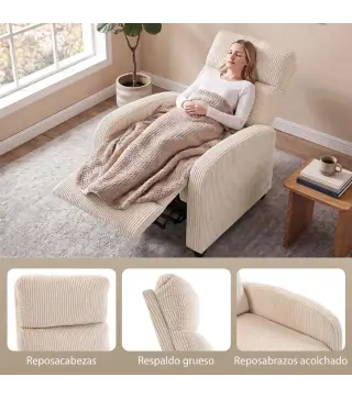 Sillón Relax Reclinable de Pana hasta 135° Reposapiés Respaldo Alto Acolchado Grueso Montaje Fácil para Salón Beige