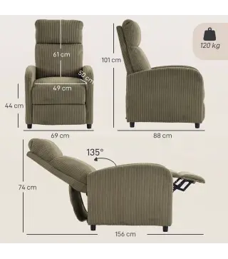 Sillón Relax Reclinable de Pana hasta 135° Reposapiés Respaldo Alto Acolchado Grueso Montaje Fácil Verde Oscuro