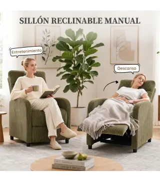 Sillón Relax Reclinable de Pana hasta 135° Reposapiés Respaldo Alto Acolchado Grueso Montaje Fácil Verde Oscuro