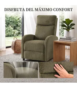 Sillón Relax Reclinable de Pana hasta 135° Reposapiés Respaldo Alto Acolchado Grueso Montaje Fácil Verde Oscuro
