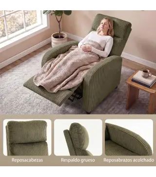 Sillón Relax Reclinable de Pana hasta 135° Reposapiés Respaldo Alto Acolchado Grueso Montaje Fácil Verde Oscuro
