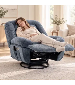 Sillón Relax Reclinable Eléctrico con Calor Lumbar Masaje Giro y Balanceo Reposapiés Asiento Extraancho Puerto USB Azul