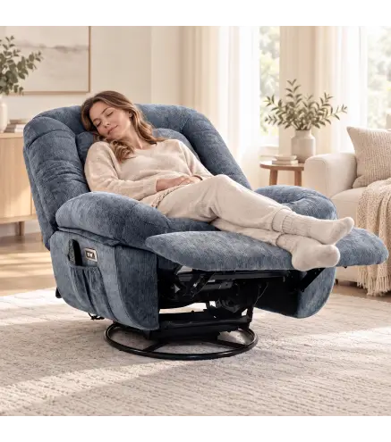 Sillón Relax Reclinable Eléctrico con Calor Lumbar Masaje Giro y Balanceo Reposapiés Asiento Extraancho Puerto USB Azul