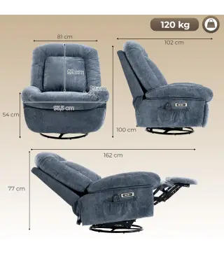 Sillón Relax Reclinable Eléctrico con Calor Lumbar Masaje Giro y Balanceo Reposapiés Asiento Extraancho Puerto USB Azul