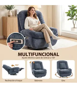Sillón Relax Reclinable Eléctrico con Calor Lumbar Masaje Giro y Balanceo Reposapiés Asiento Extraancho Puerto USB Azul