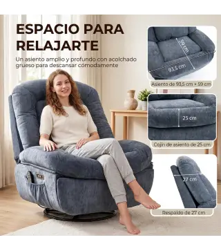 Sillón Relax Reclinable Eléctrico con Calor Lumbar Masaje Giro y Balanceo Reposapiés Asiento Extraancho Puerto USB Azul