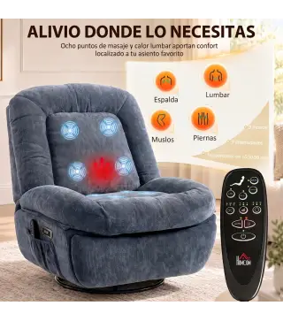 Sillón Relax Reclinable Eléctrico con Calor Lumbar Masaje Giro y Balanceo Reposapiés Asiento Extraancho Puerto USB Azul