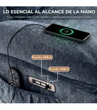 Sillón Relax Reclinable Eléctrico con Calor Lumbar Masaje Giro y Balanceo Reposapiés Asiento Extraancho Puerto USB Azul