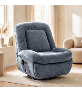 Sillón Relax Reclinable Eléctrico con Calor Lumbar Masaje Giro y Balanceo Reposapiés Asiento Extraancho Puerto USB Azul