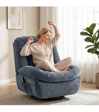 Sillón Relax Reclinable Eléctrico con Calor Lumbar Masaje Giro y Balanceo Reposapiés Asiento Extraancho Puerto USB Azul
