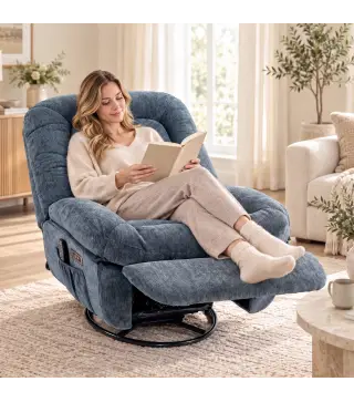 Sillón Relax Reclinable Eléctrico con Calor Lumbar Masaje Giro y Balanceo Reposapiés Asiento Extraancho Puerto USB Azul