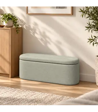 Banco de Almacenaje Puff Almacenaje Tapizado en Lino Tapa Cierre Suave Diseño Ovalado Carga 220 kg 116x42x44 cm Gris