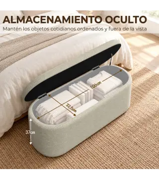 Banco de Almacenaje Puff Almacenaje Tapizado en Lino Tapa Cierre Suave Diseño Ovalado Carga 220 kg 116x42x44 cm Gris