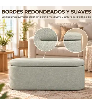 Banco de Almacenaje Puff Almacenaje Tapizado en Lino Tapa Cierre Suave Diseño Ovalado Carga 220 kg 116x42x44 cm Gris
