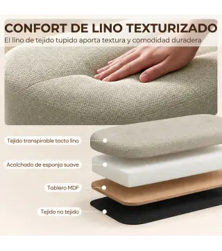Banco de Almacenaje Puff Almacenaje Tapizado en Lino Tapa Cierre Suave Diseño Ovalado Carga 220 kg 116x42x44 cm Gris