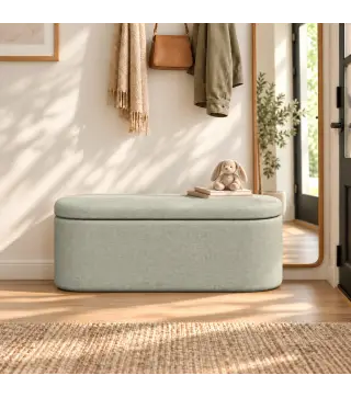 Banco de Almacenaje Puff Almacenaje Tapizado en Lino Tapa Cierre Suave Diseño Ovalado Carga 220 kg 116x42x44 cm Gris