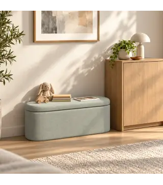 Banco de Almacenaje Puff Almacenaje Tapizado en Lino Tapa Cierre Suave Diseño Ovalado Carga 220 kg 116x42x44 cm Gris