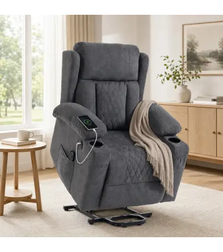 Sillón Relax Reclinable Eléctrico Levanta Personas con 8 Puntos Masaje y Calor Lumbar Puerto USB Mando Reposapiés Gris
