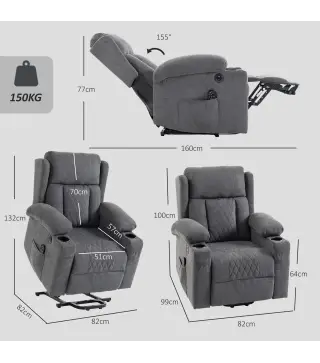 Sillón Relax Reclinable Eléctrico Levanta Personas con 8 Puntos Masaje y Calor Lumbar Puerto USB Mando Reposapiés Gris
