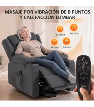 Sillón Relax Reclinable Eléctrico Levanta Personas con 8 Puntos Masaje y Calor Lumbar Puerto USB Mando Reposapiés Gris