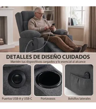 Sillón Relax Reclinable Eléctrico Levanta Personas con 8 Puntos Masaje y Calor Lumbar Puerto USB Mando Reposapiés Gris