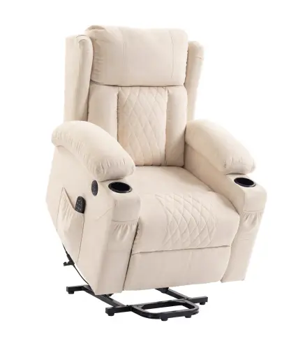 Sillón Relax Reclinable Eléctrico Levanta Personas con 8 Puntos Masaje y Calor Lumbar Puerto USB Mando Reposapiés Crema