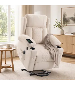 Sillón Relax Reclinable Eléctrico Levanta Personas con 8 Puntos Masaje y Calor Lumbar Puerto USB Mando Reposapiés Crema