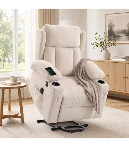 Sillón Relax Reclinable Eléctrico Levanta Personas con 8 Puntos Masaje y Calor Lumbar Puerto USB Mando Reposapiés Crema