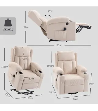 Sillón Relax Reclinable Eléctrico Levanta Personas con 8 Puntos Masaje y Calor Lumbar Puerto USB Mando Reposapiés Crema