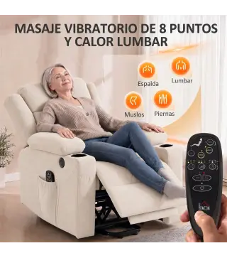 Sillón Relax Reclinable Eléctrico Levanta Personas con 8 Puntos Masaje y Calor Lumbar Puerto USB Mando Reposapiés Crema