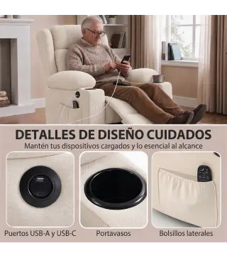Sillón Relax Reclinable Eléctrico Levanta Personas con 8 Puntos Masaje y Calor Lumbar Puerto USB Mando Reposapiés Crema