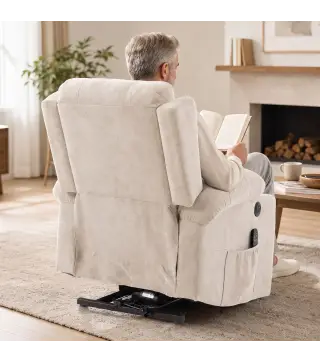 Sillón Relax Reclinable Eléctrico Levanta Personas con 8 Puntos Masaje y Calor Lumbar Puerto USB Mando Reposapiés Crema