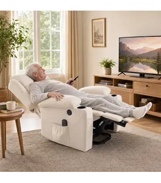 Sillón Relax Reclinable Eléctrico Levanta Personas con 8 Puntos Masaje y Calor Lumbar Puerto USB Mando Reposapiés Crema