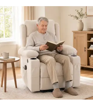 Sillón Relax Reclinable Eléctrico Levanta Personas con 8 Puntos Masaje y Calor Lumbar Puerto USB Mando Reposapiés Crema