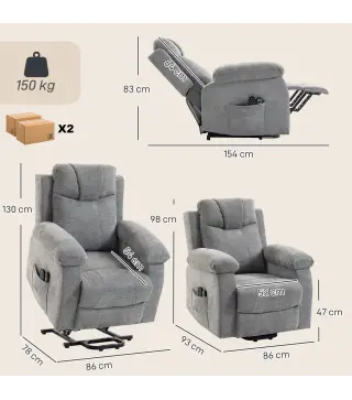 Sillón Relax Reclinable Eléctrico Levanta Personas con 8 Puntos Masaje y Calor Lumbar Puerto USB Mando Reposapiés Gris